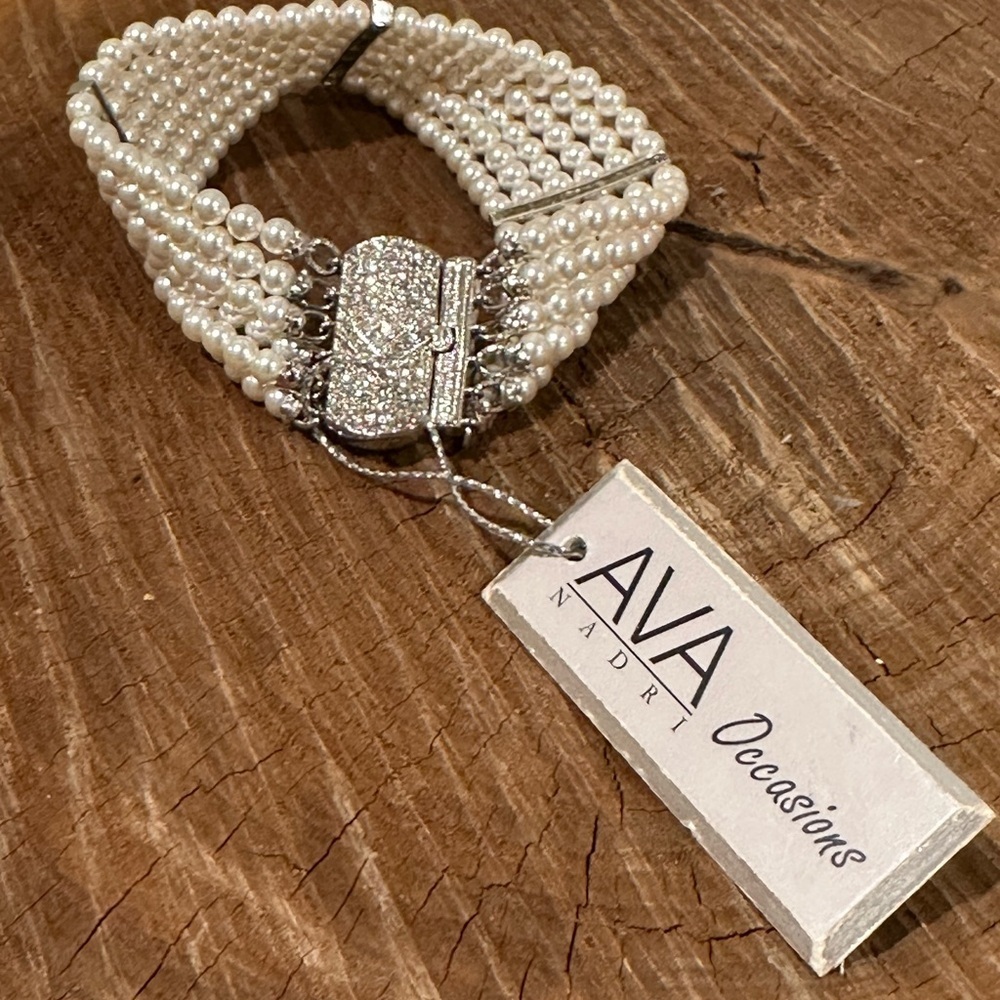Nadri White Multi-Strand Faux Pearl Bracelet with Crystal Clasp